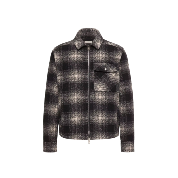 Chemise zippée MONCLER en jersey  laine mélangée à carreaux noir gris écru