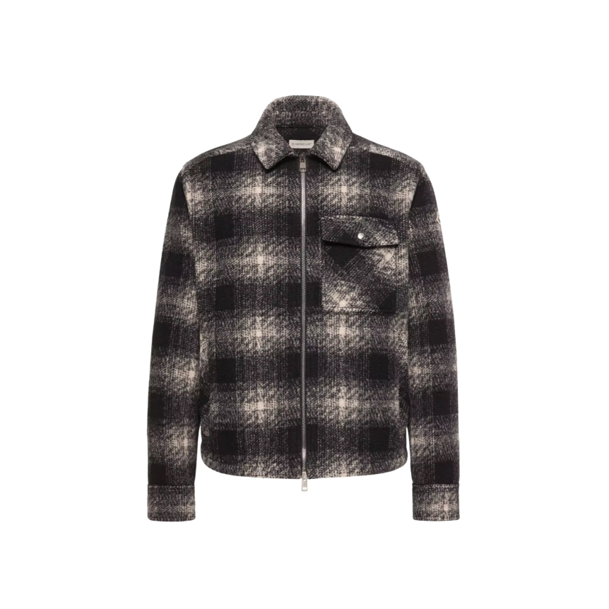 Chemise zippée MONCLER en jersey  laine mélangée à carreaux noir gris écru