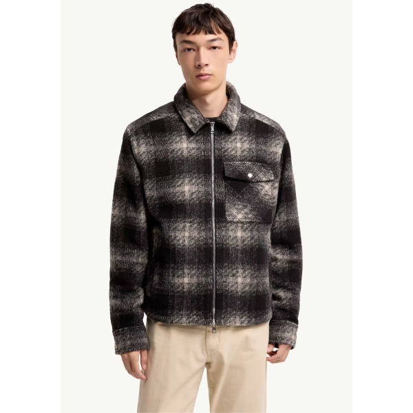Chemise zippée MONCLER en jersey  laine mélangée à carreaux noir gris écru