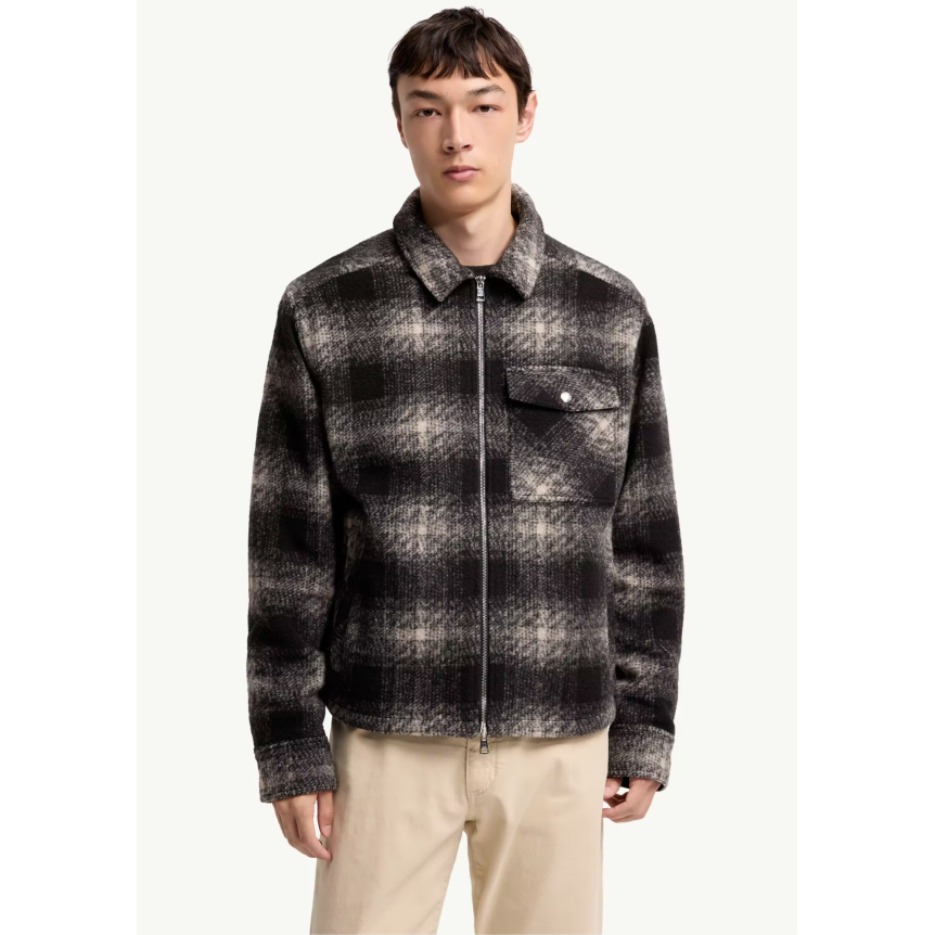 Chemise zippée MONCLER en jersey  laine mélangée à carreaux noir gris écru
