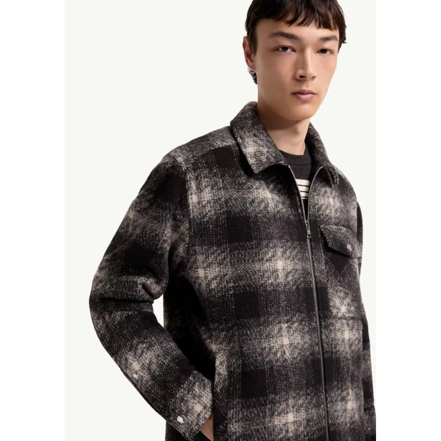 Chemise zippée MONCLER en jersey  laine mélangée à carreaux noir gris écru