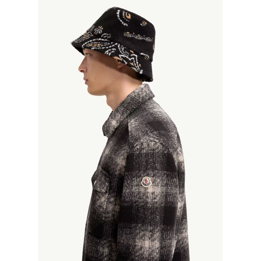 Chemise zippée MONCLER en jersey  laine mélangée à carreaux noir gris écru