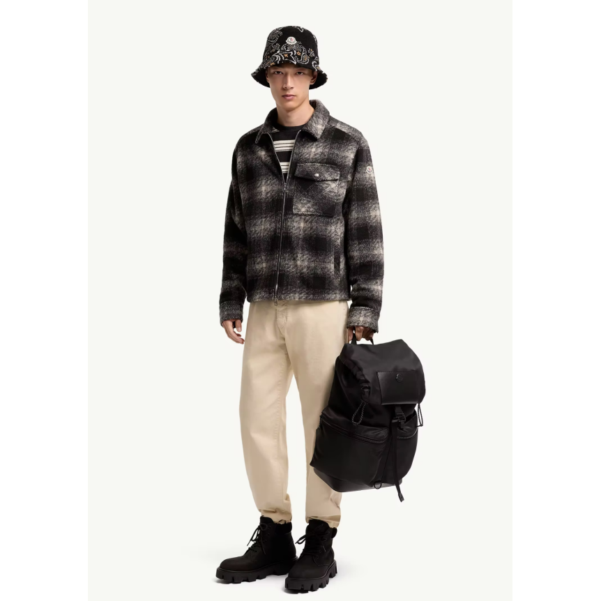 Chemise zippée MONCLER en jersey  laine mélangée à carreaux noir gris écru