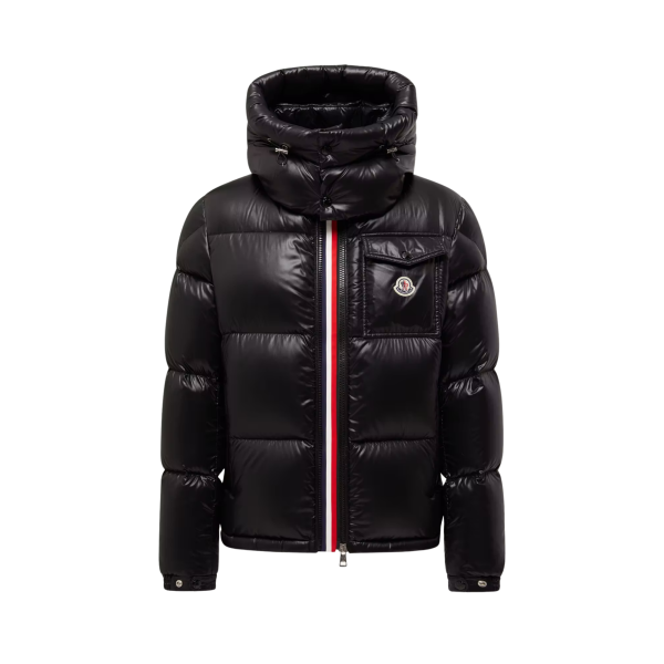 Doudoune courte à capuche MONCLER Montbeliard nylon brillant noir bande tricolore zip