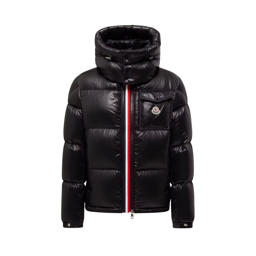 Doudoune courte à capuche MONCLER Montbeliard nylon brillant noir bande tricolore zip