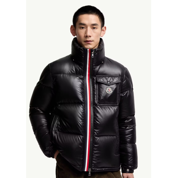 Doudoune courte à capuche MONCLER Montbeliard nylon brillant noir bande tricolore zip