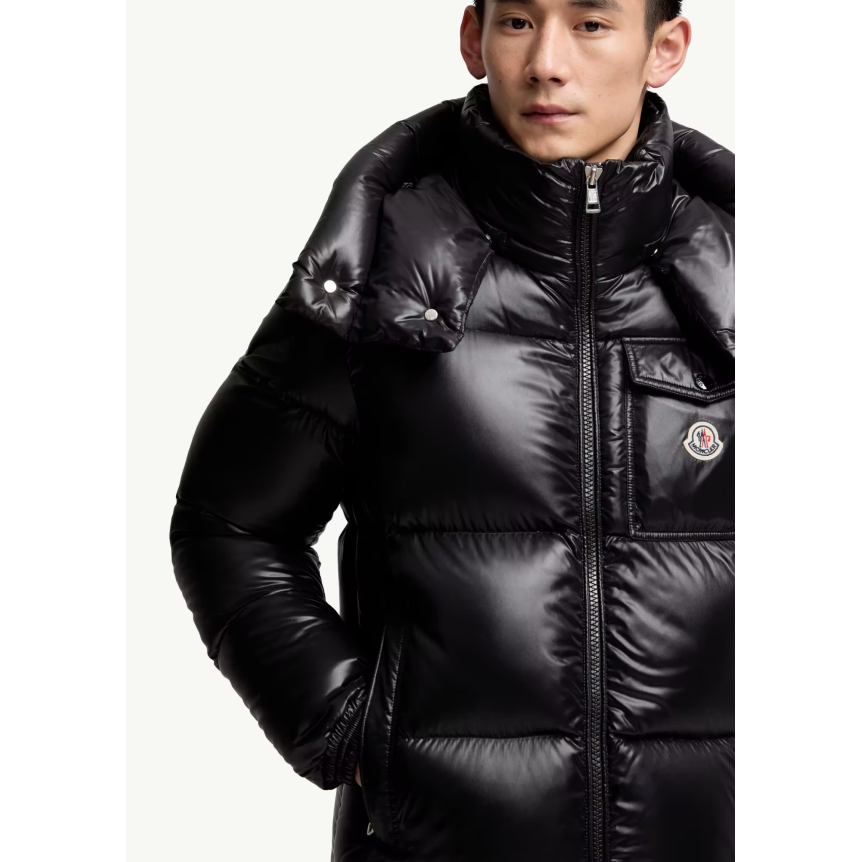 Doudoune courte à capuche MONCLER Montbeliard nylon brillant noir bande tricolore zip