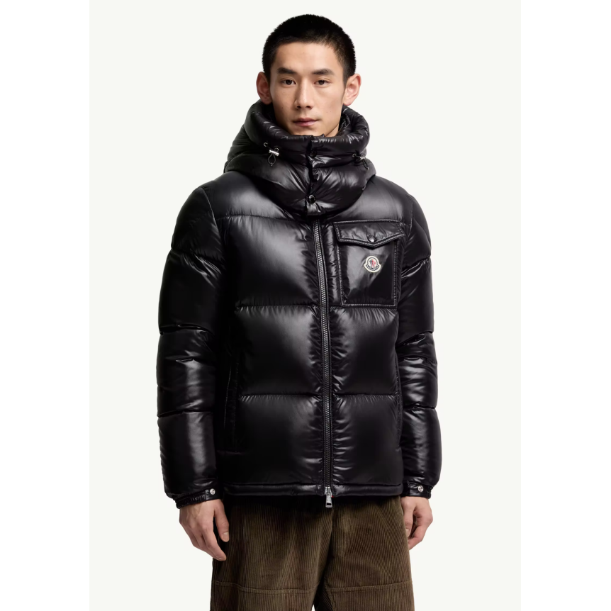 Doudoune courte à capuche MONCLER Montbeliard nylon brillant noir bande tricolore zip