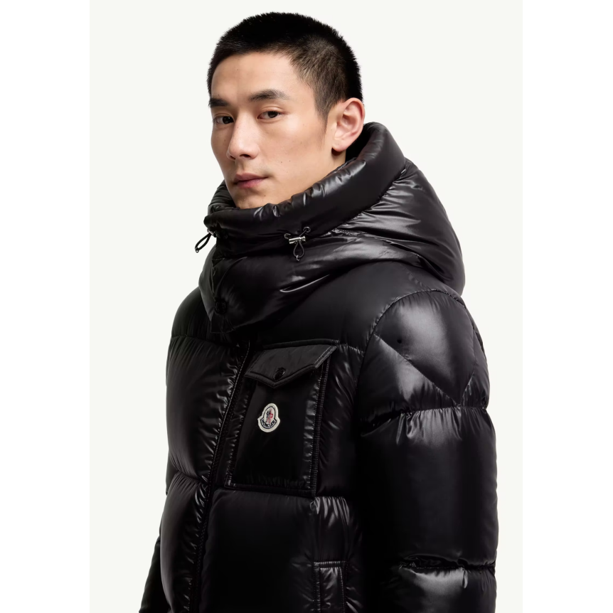 Doudoune courte à capuche MONCLER Montbeliard nylon brillant noir bande tricolore zip