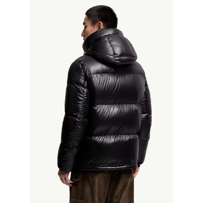 Doudoune courte à capuche MONCLER Montbeliard nylon brillant noir bande tricolore zip