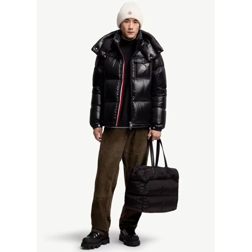 Doudoune courte à capuche MONCLER Montbeliard nylon brillant noir bande tricolore zip