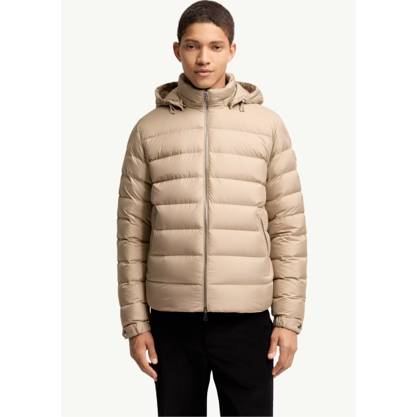 Doudoune courte à capuche MONCLER Arneb nylon mat beige logo cuir