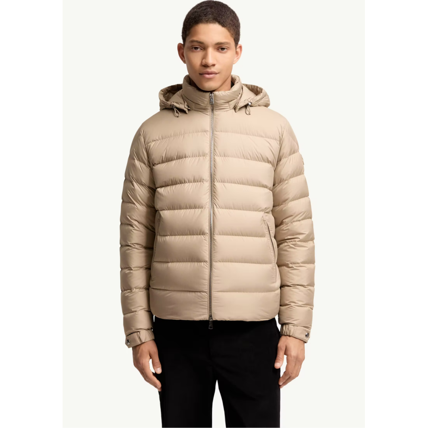 Doudoune courte à capuche MONCLER Arneb nylon mat beige logo cuir