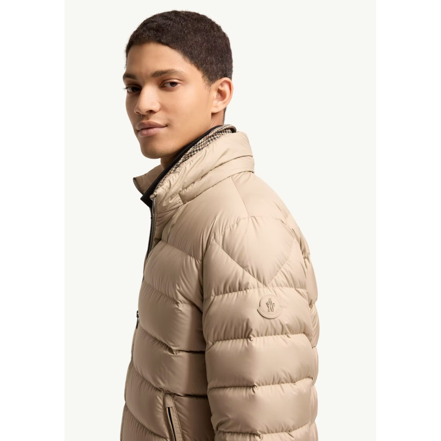 Doudoune courte à capuche MONCLER Arneb nylon mat beige logo cuir