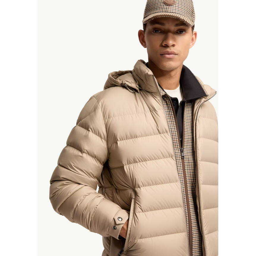 Doudoune courte à capuche MONCLER Arneb nylon mat beige logo cuir