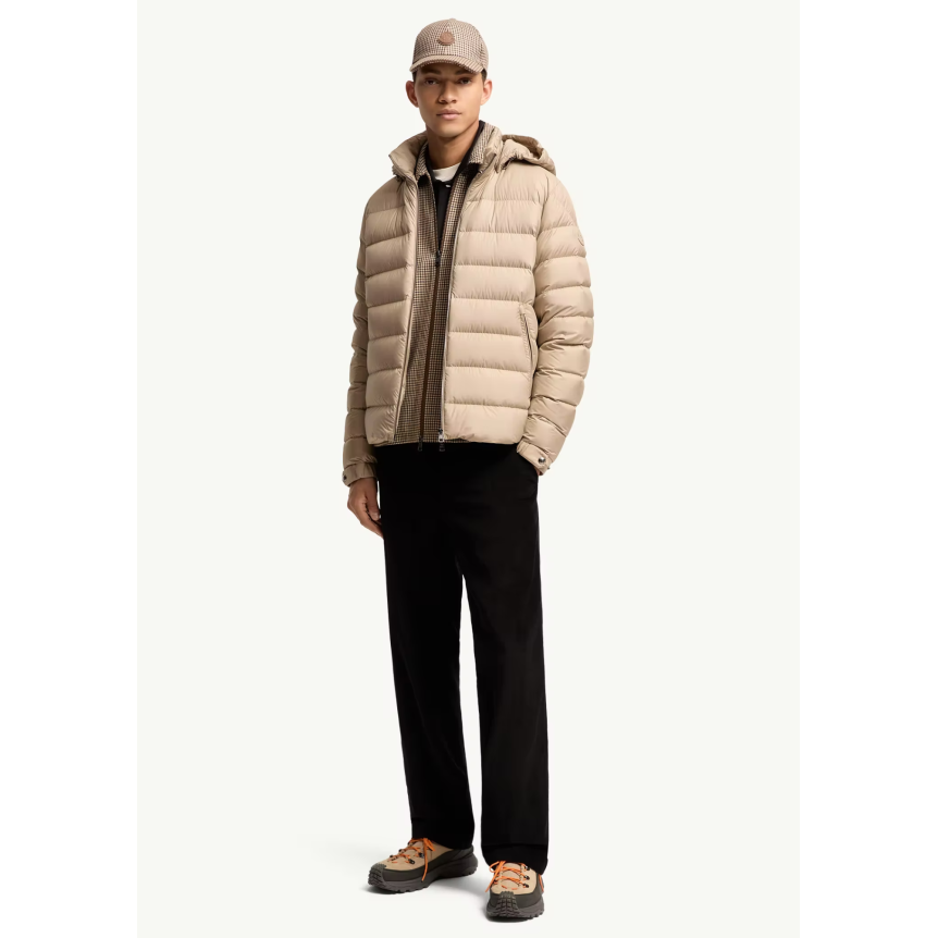 Doudoune courte à capuche MONCLER Arneb nylon mat beige logo cuir