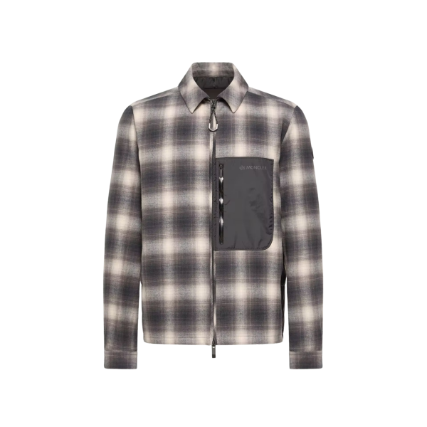 Sur chemise MONCLER Cornisello en coton à carreaux noir marron crème dos doudoune poche poitrine nylon