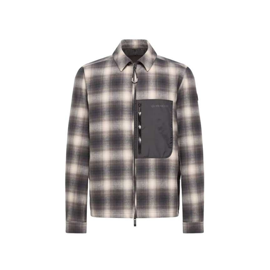 Sur chemise MONCLER Cornisello en coton à carreaux noir marron crème dos doudoune poche poitrine nylon