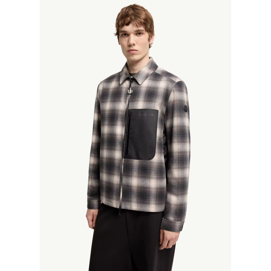 Sur chemise MONCLER Cornisello en coton à carreaux noir marron crème dos doudoune poche poitrine nylon