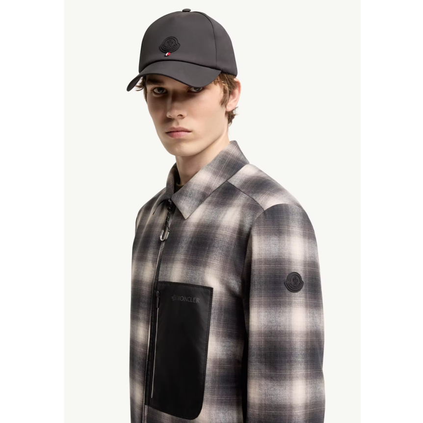 Sur chemise MONCLER Cornisello en coton à carreaux noir marron crème dos doudoune poche poitrine nylon