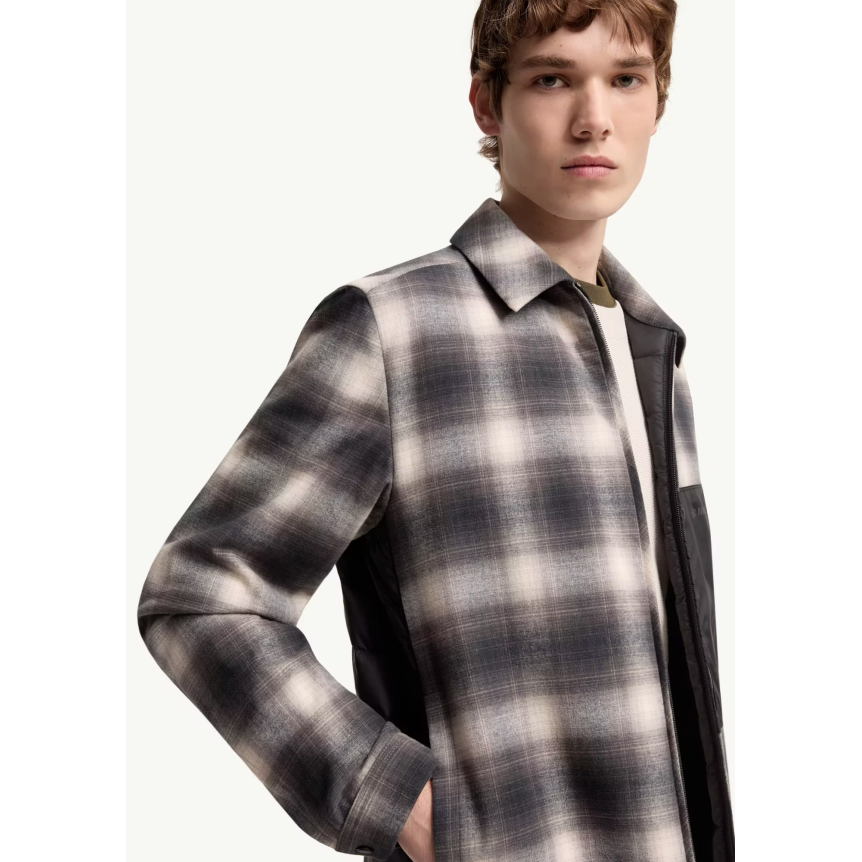 Sur chemise MONCLER Cornisello en coton à carreaux noir marron crème dos doudoune poche poitrine nylon