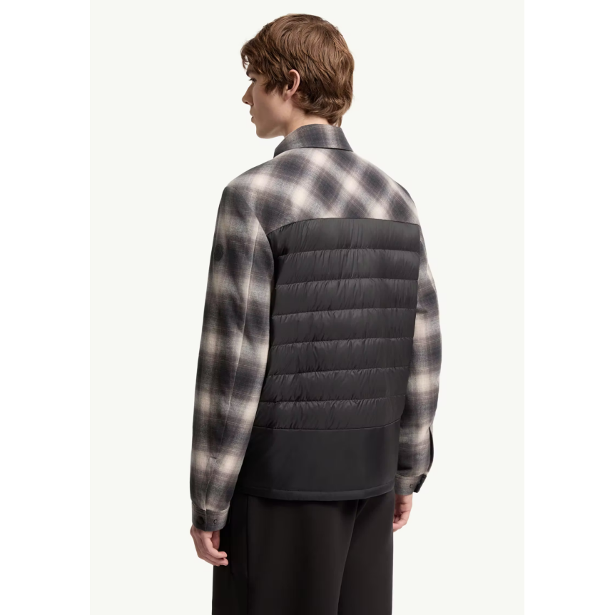 Sur chemise MONCLER Cornisello en coton à carreaux noir marron crème dos doudoune poche poitrine nylon