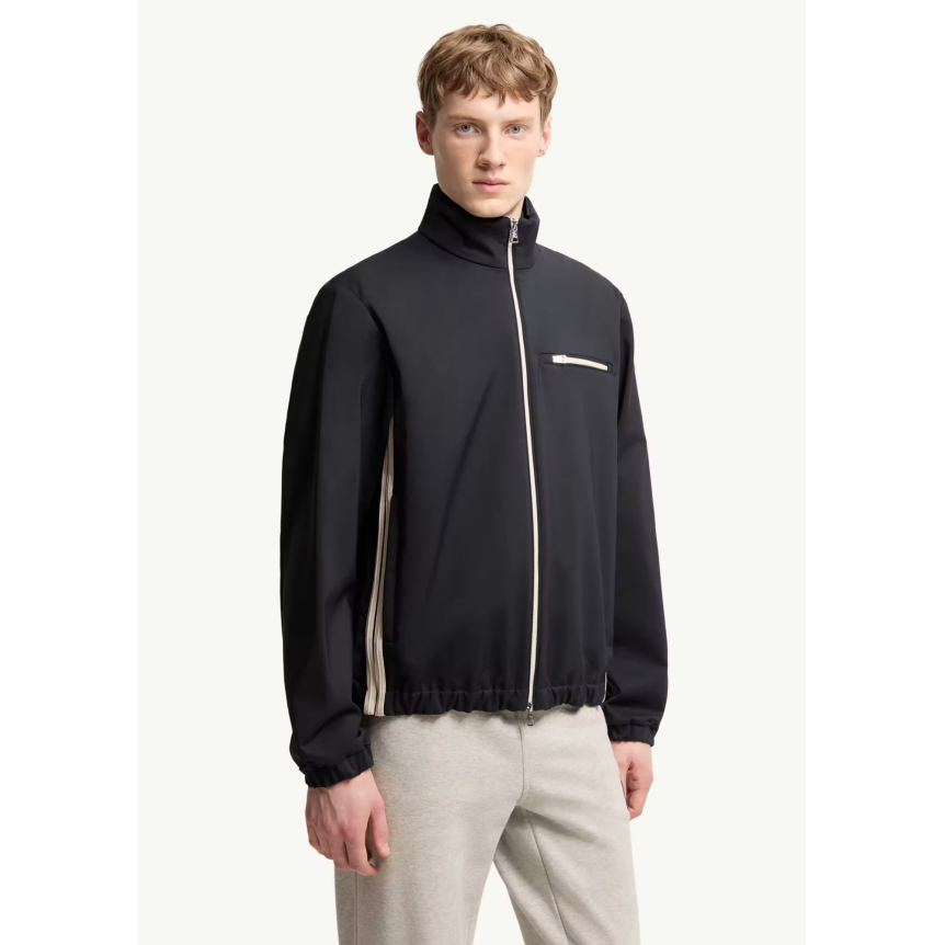Veste courte zippée col montant MONCLER Fourioun nylon bleu marine bande blanche