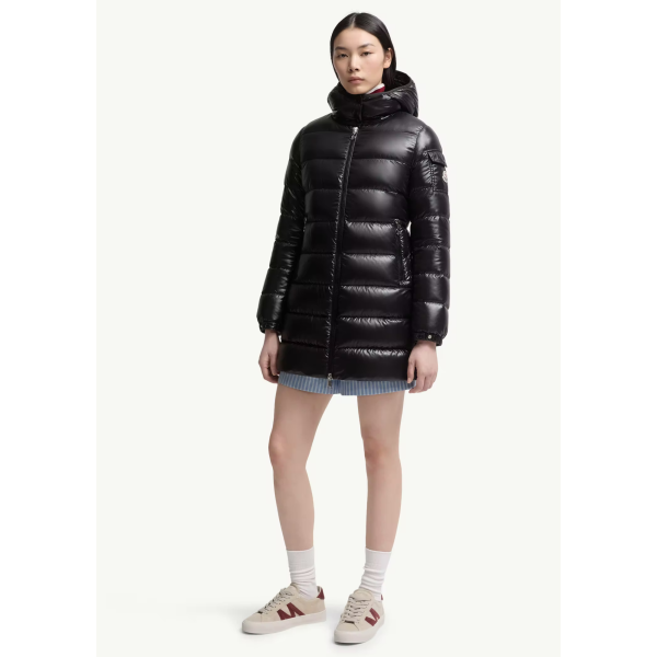 Doudoune mi-longue à capuche MONCLER Courcelles nylon brillant noir
