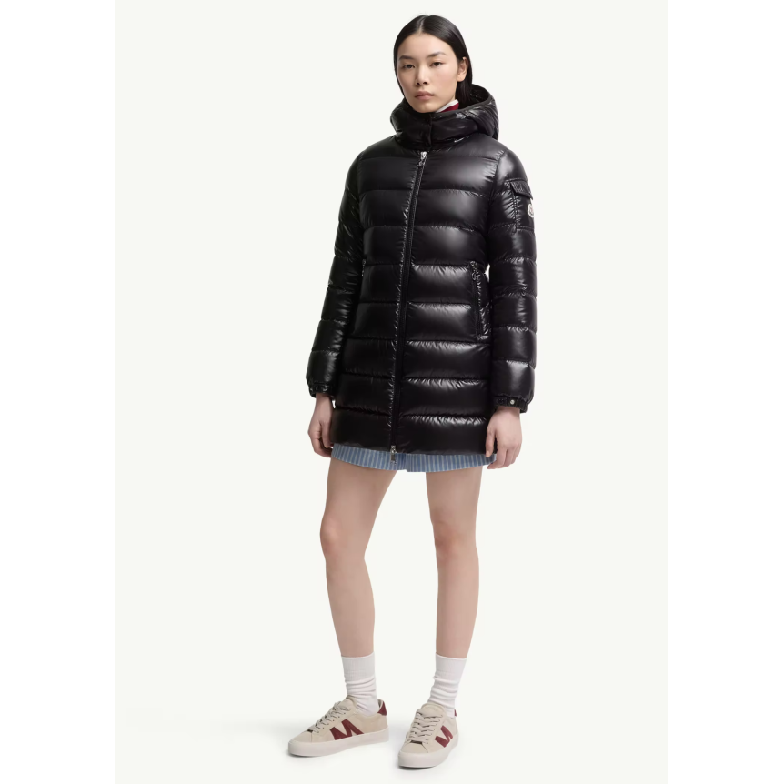 Doudoune mi-longue à capuche MONCLER Courcelles nylon brillant noir