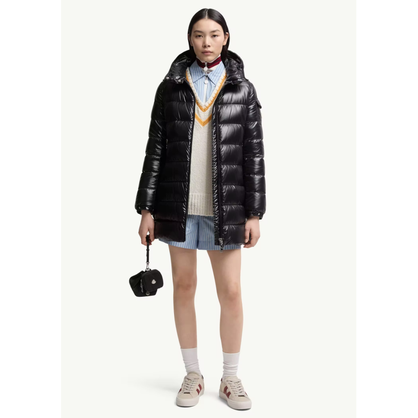 Doudoune mi-longue à capuche MONCLER Courcelles nylon brillant noir