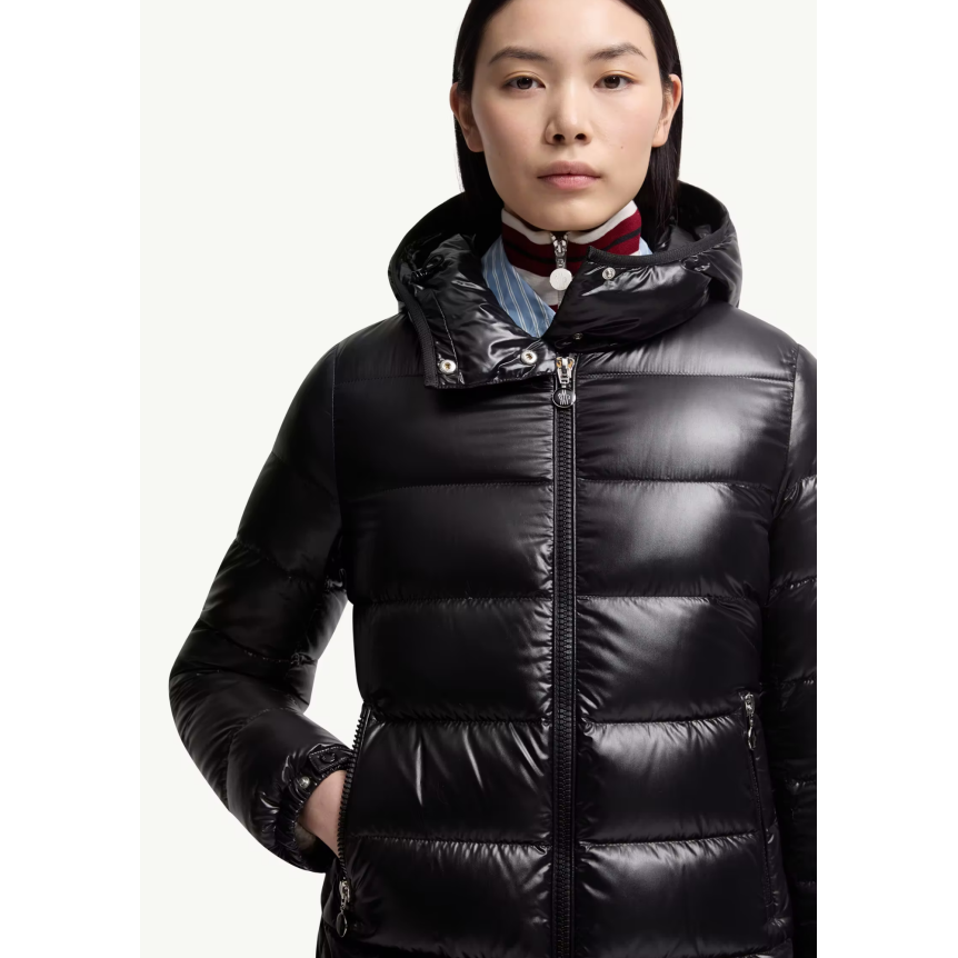 Doudoune mi-longue à capuche MONCLER Courcelles nylon brillant noir