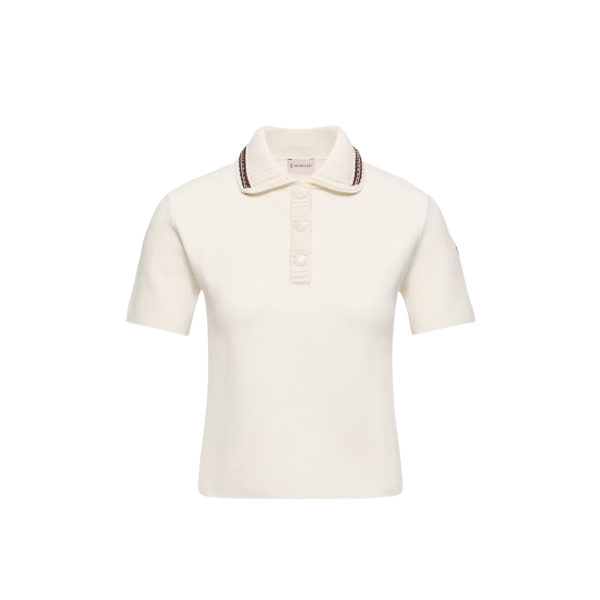 Pull manche courte MONCLER Polo en maille de coton écru liseret col bordeaux