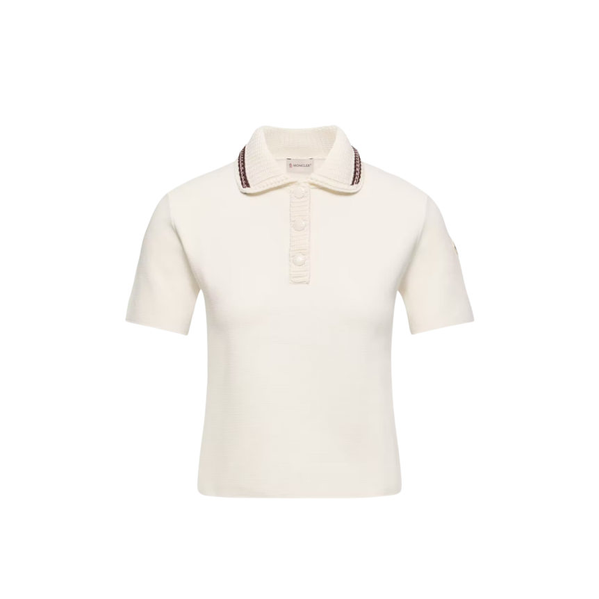 Pull manche courte MONCLER Polo en maille de coton écru liseret col bordeaux