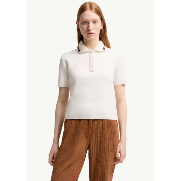 Pull manche courte MONCLER Polo en maille de coton écru liseret col bordeaux