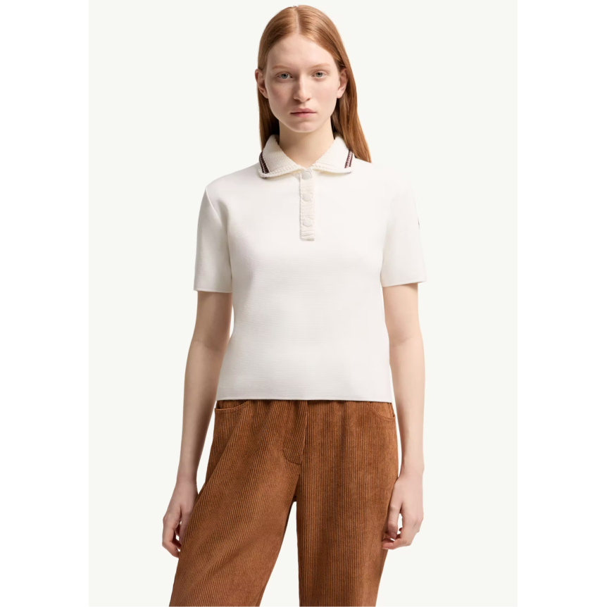 Pull manche courte MONCLER Polo en maille de coton écru liseret col bordeaux