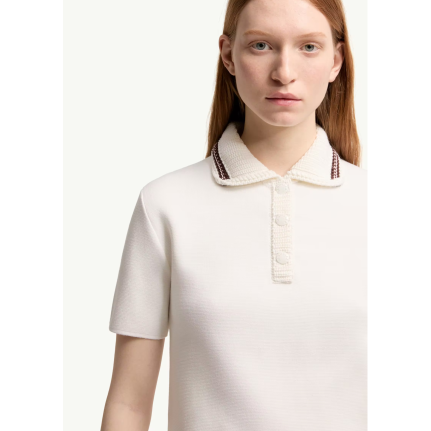 Pull manche courte MONCLER Polo en maille de coton écru liseret col bordeaux