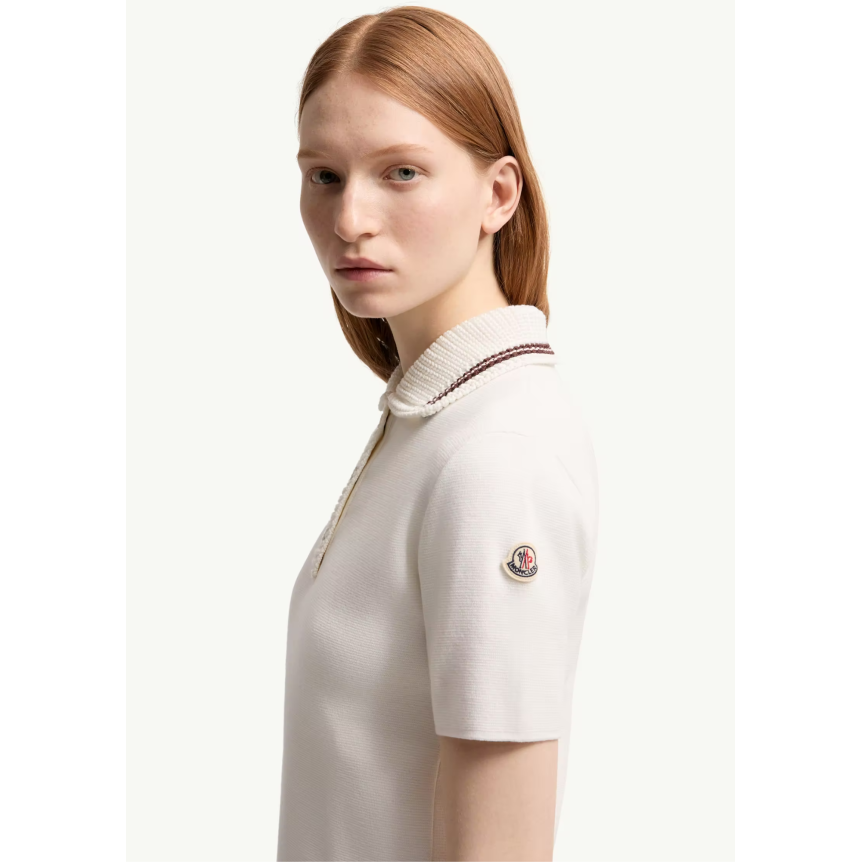 Pull manche courte MONCLER Polo en maille de coton écru liseret col bordeaux