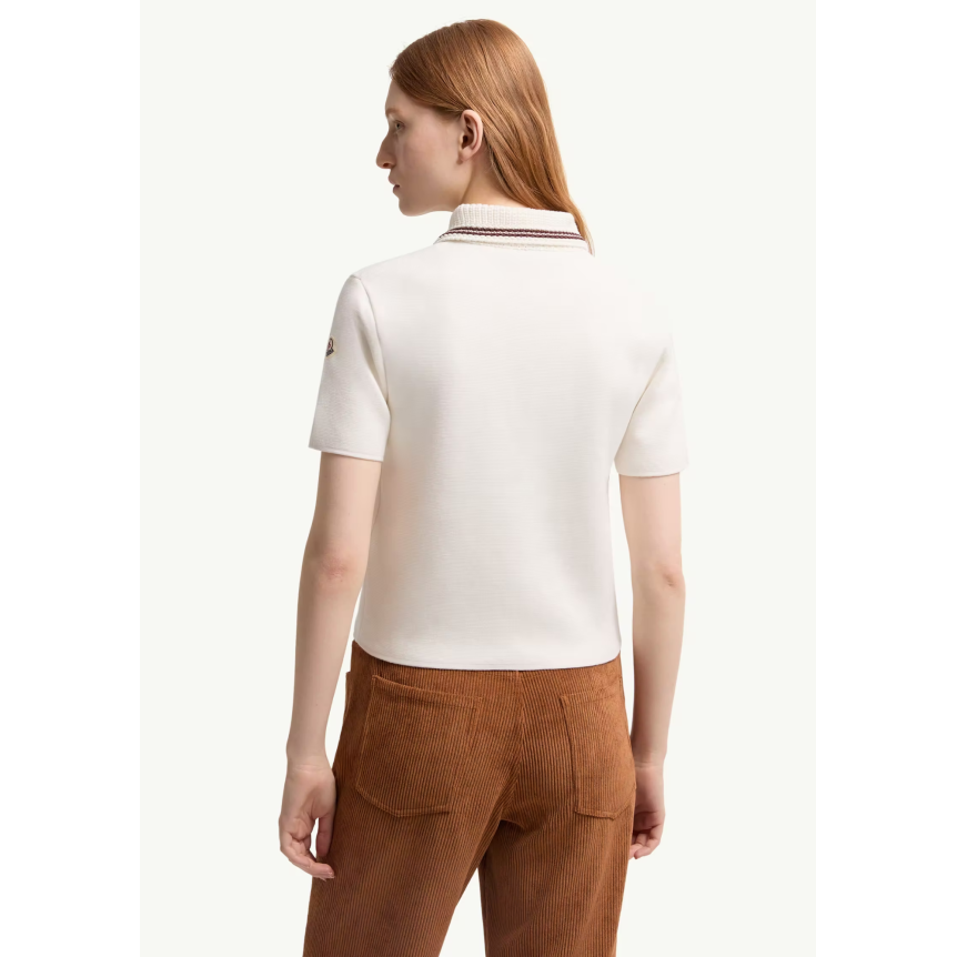 Pull manche courte MONCLER Polo en maille de coton écru liseret col bordeaux