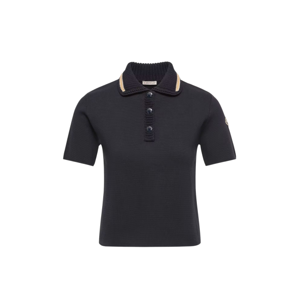 Pull manche courte MONCLER Polo en maille de coton bleu marine liseret col beige