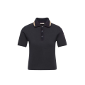 Pull manche courte Polo en maille de coton bleu marine liseret col beige