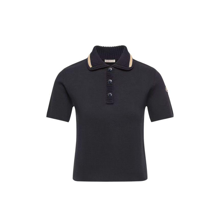 Pull manche courte MONCLER Polo en maille de coton bleu marine liseret col beige