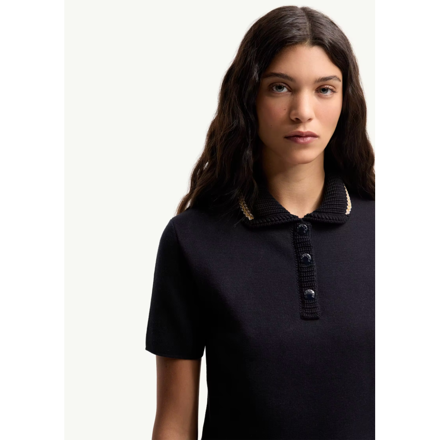 Pull manche courte MONCLER Polo en maille de coton bleu marine liseret col beige