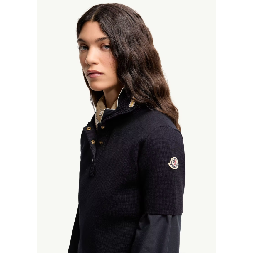 Pull manche courte MONCLER Polo en maille de coton bleu marine liseret col beige