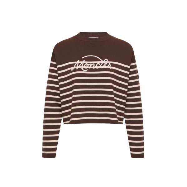 Pull MONCLER en laine vierge marron rayures marinière rose logo