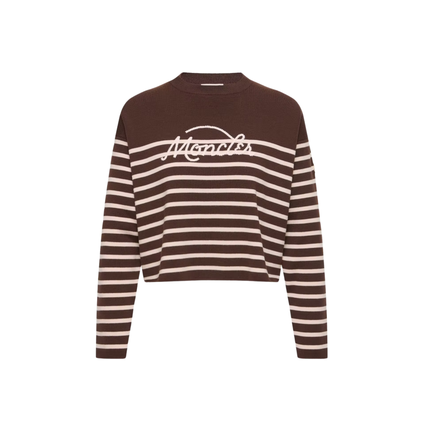 Pull MONCLER en laine vierge marron rayures marinière rose logo