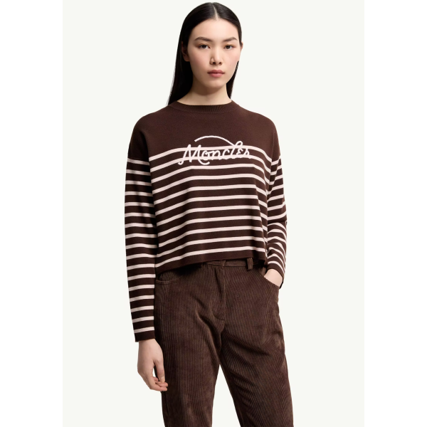 Pull MONCLER en laine vierge marron rayures marinière rose logo