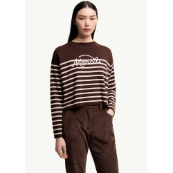 Pull MONCLER en laine vierge marron rayures marinière rose logo