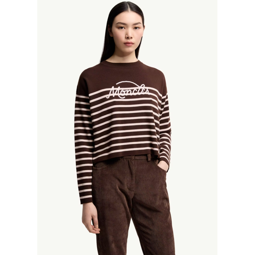 Pull MONCLER en laine vierge marron rayures marinière rose logo
