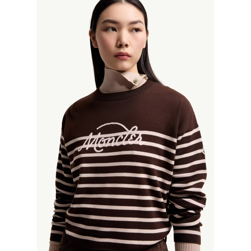 Pull MONCLER en laine vierge marron rayures marinière rose logo
