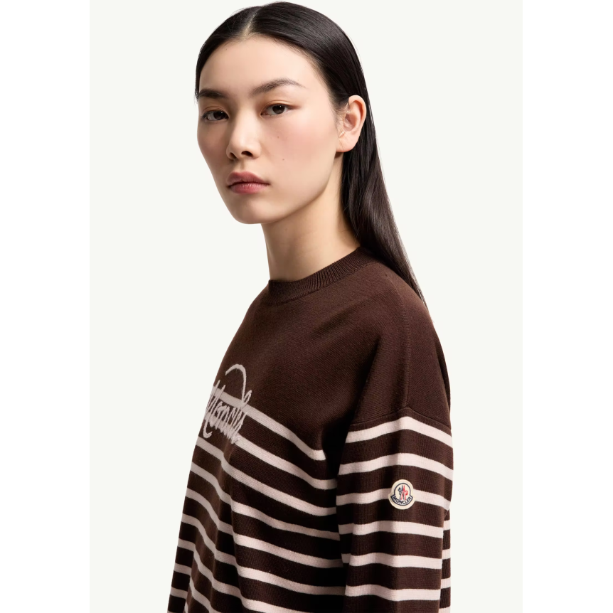 Pull MONCLER en laine vierge marron rayures marinière rose logo